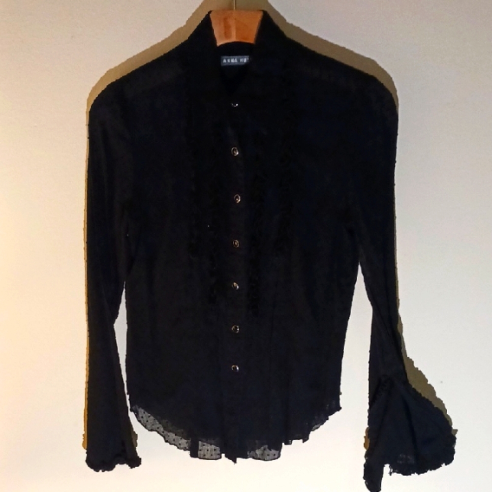 Anna Huling Signature Black, Swiss Dot Ruffled Blouse